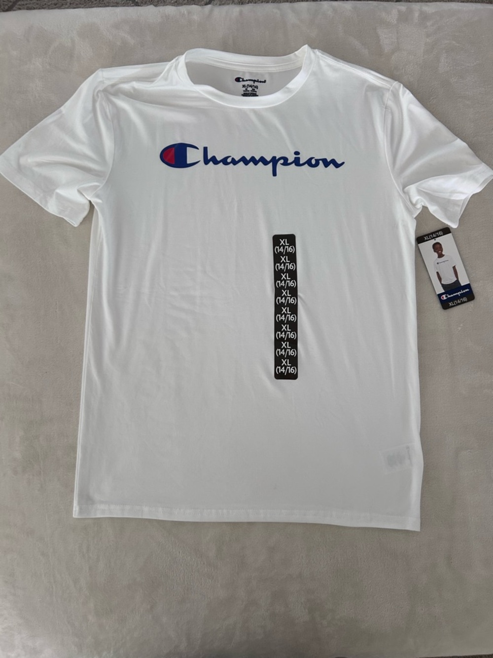 Champion White Short-Sleeve Tee with Blue & Red Script Logo